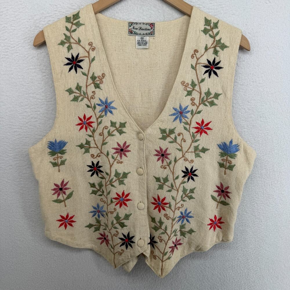 NEW DIRECTIONS Vest Womens M Floral Button Up Waistcoat Canvas Cotton Beige VTG